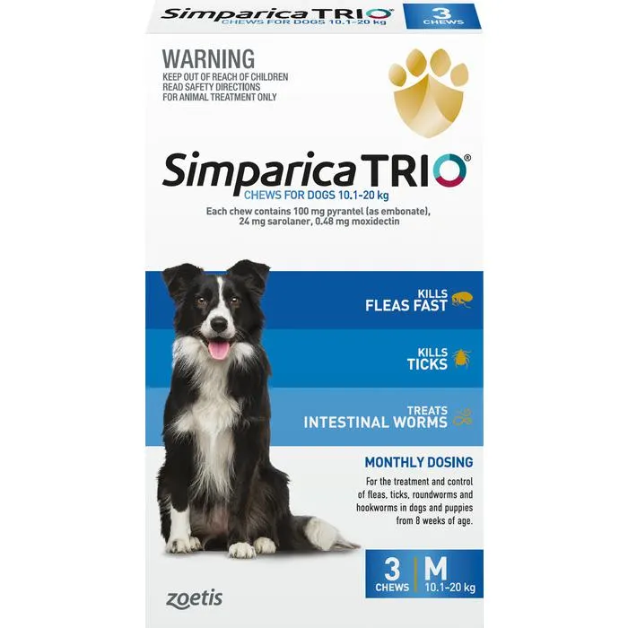 Simparica Trio Flea Tick & Worm Treatment 10.1kg-20kg - 3 Pack