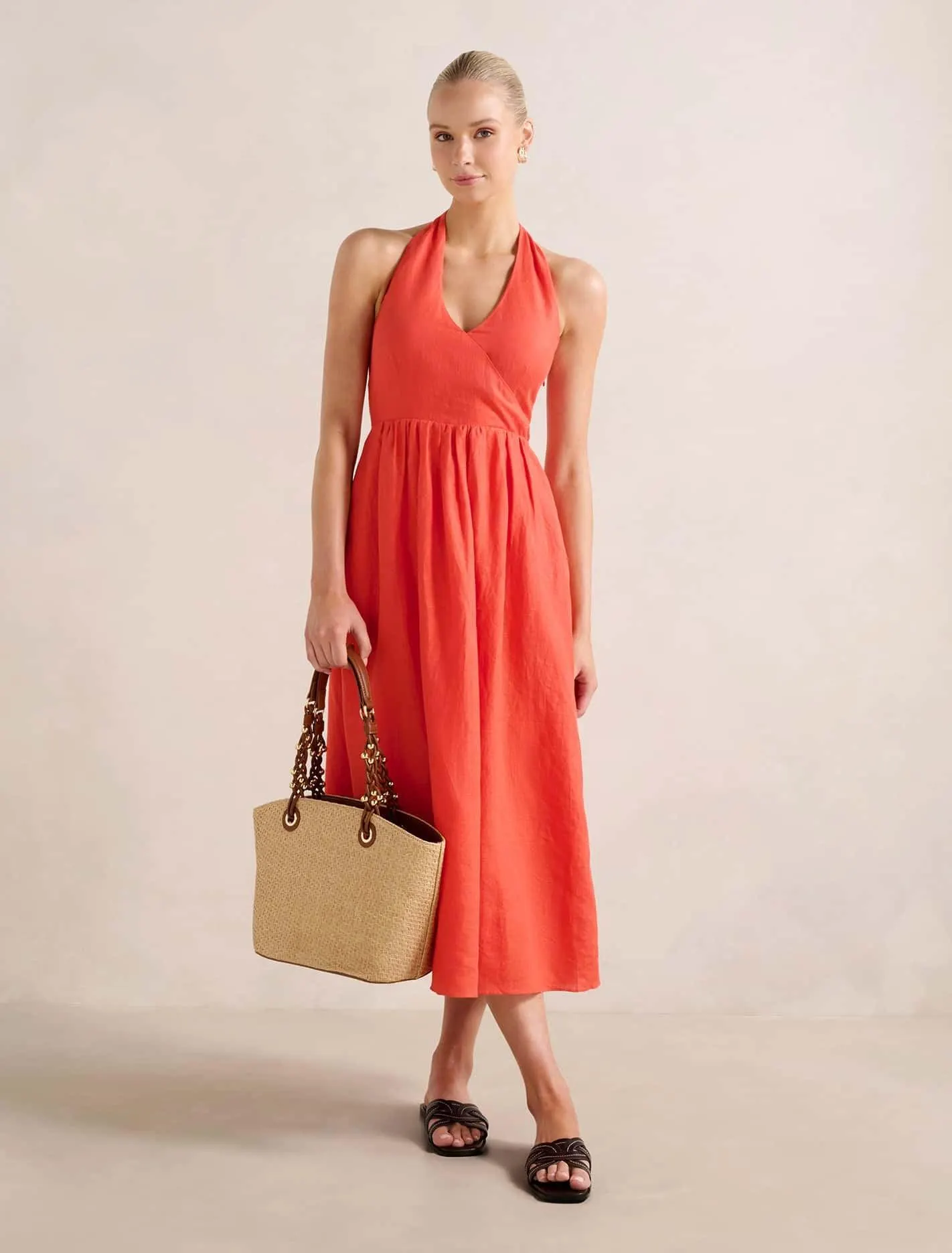 Lilian Wrap Linen Halter Midi Dress