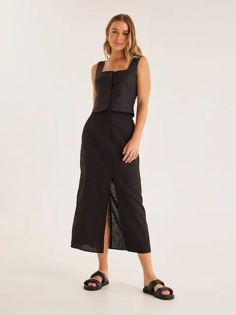 Margot Split Front Linen Blend Midi Skirt
