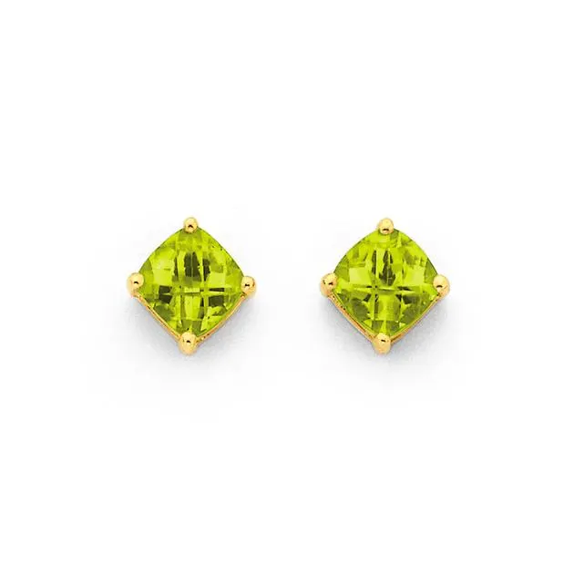 9ct, Peridot Cushion Cut Checkerboard Stud Earrings