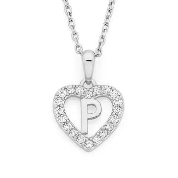Silver Initial P in CZ Heart Pendant