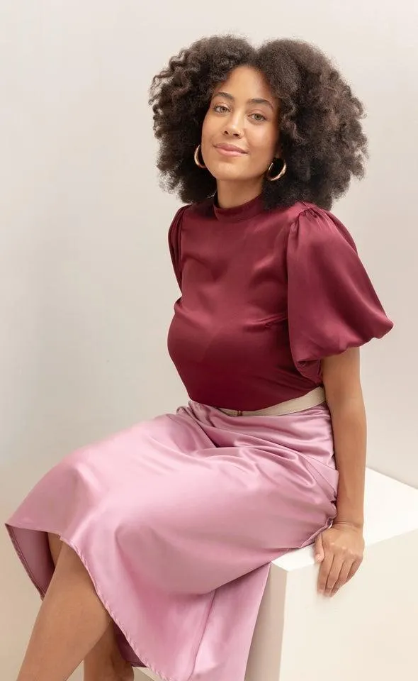 Satin High Neck Puff Sleeve Top