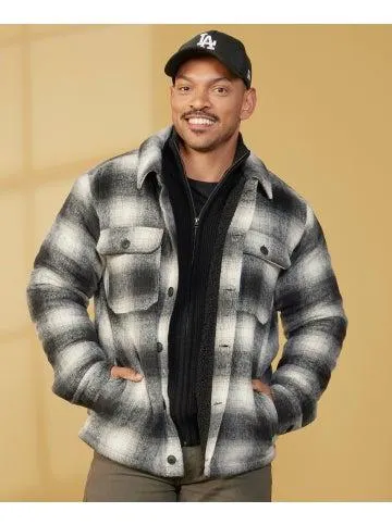 Men's Shearling Lined Check Coat in Black/tan