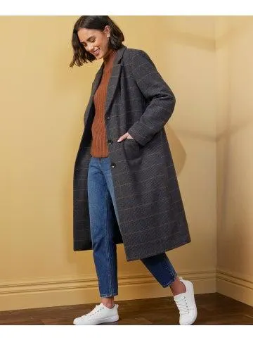 Women's Longline Check Coat in Charcoal/navy Check