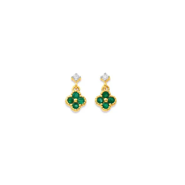 9ct Emerald and Diamond Clover Drop Earrings