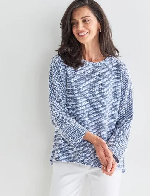 Ella J Batwing Textured Top, Blue & White
