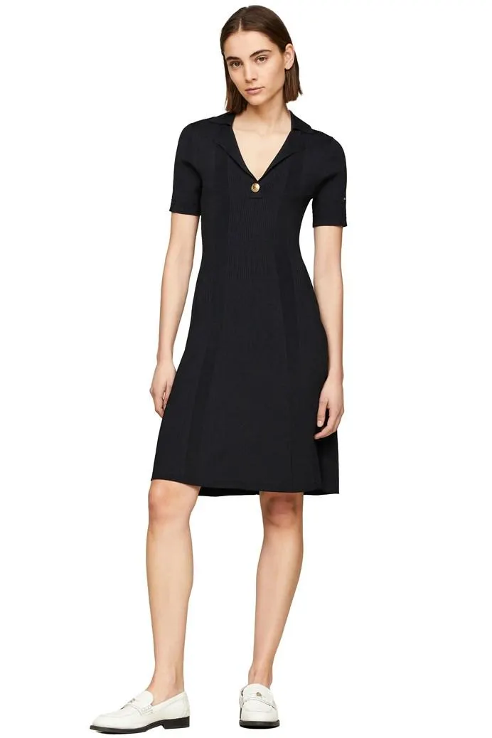 Ribbed Polo Fit & Flare Sweater Dress