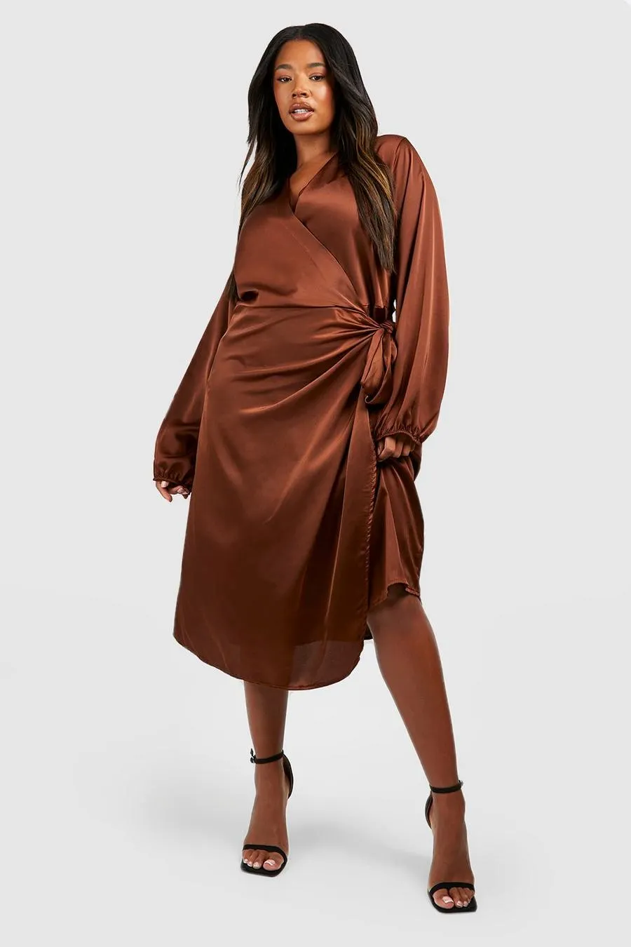 Plus Satin Wrap Midi Dress