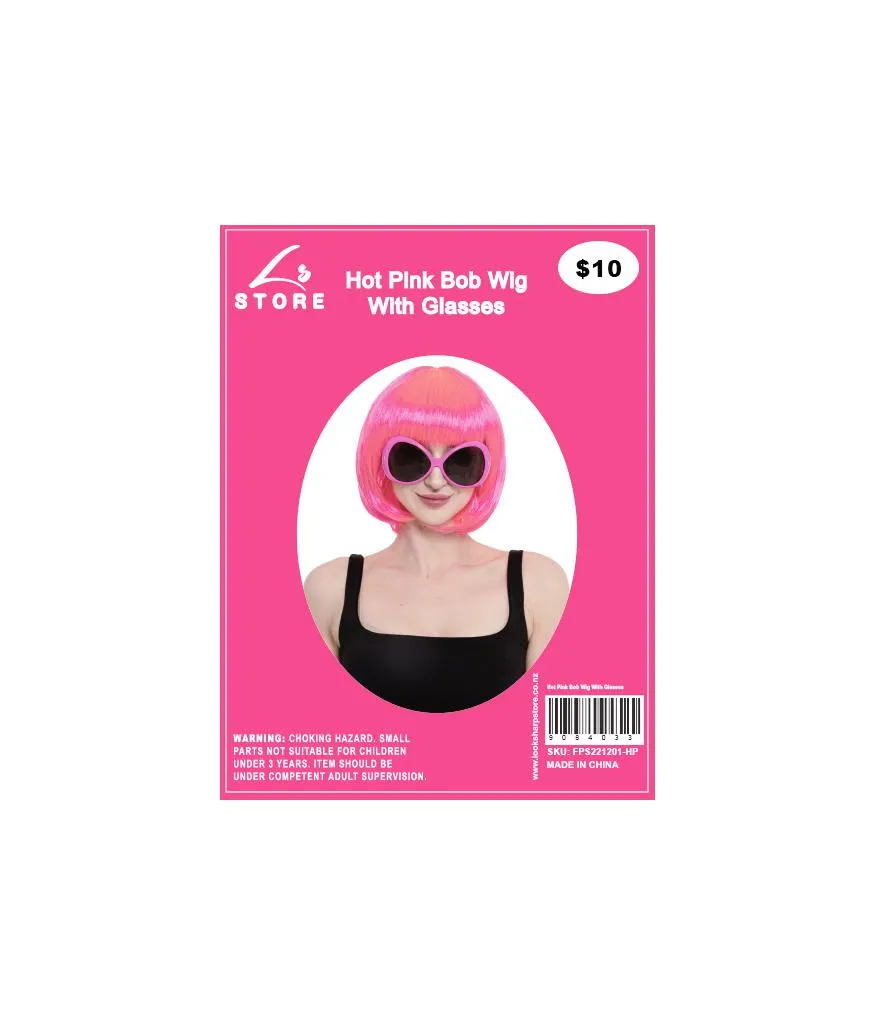 Hot Pink Bob Wig With Glasses Set