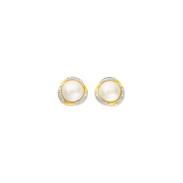 9ct Gold Mabe Pearl with Diamonds Studs Earrings