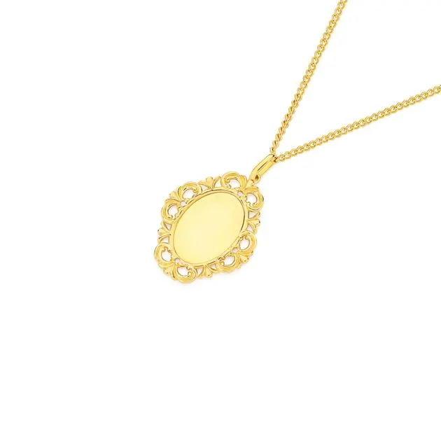 9ct Gold Oval Plate with Filigree Frame Pendant