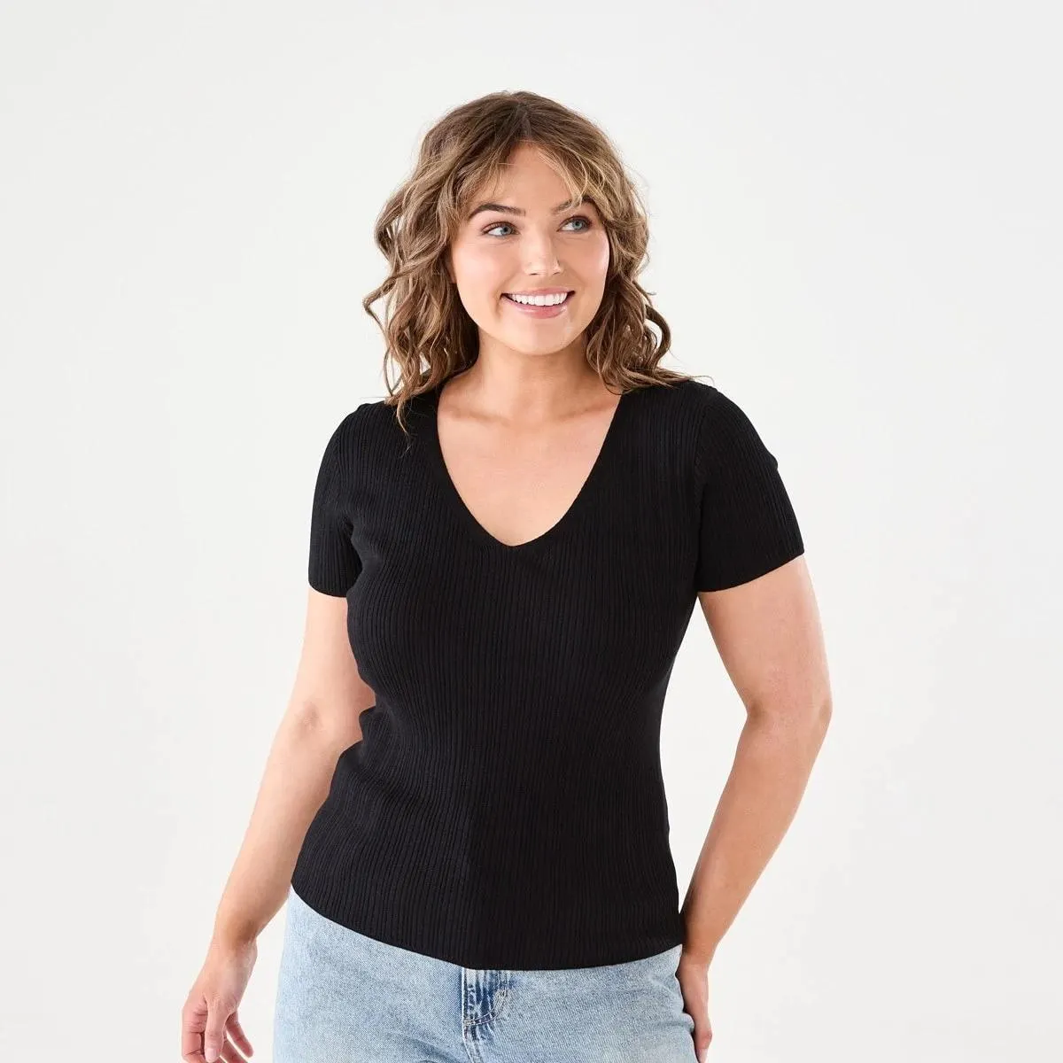 Short Sleeve True Knit V-Neck Rib Top