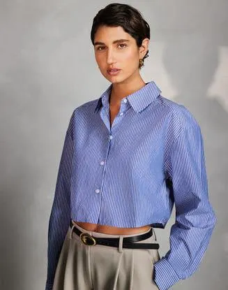 Cropped Stripe Poplin Button Up Shirt