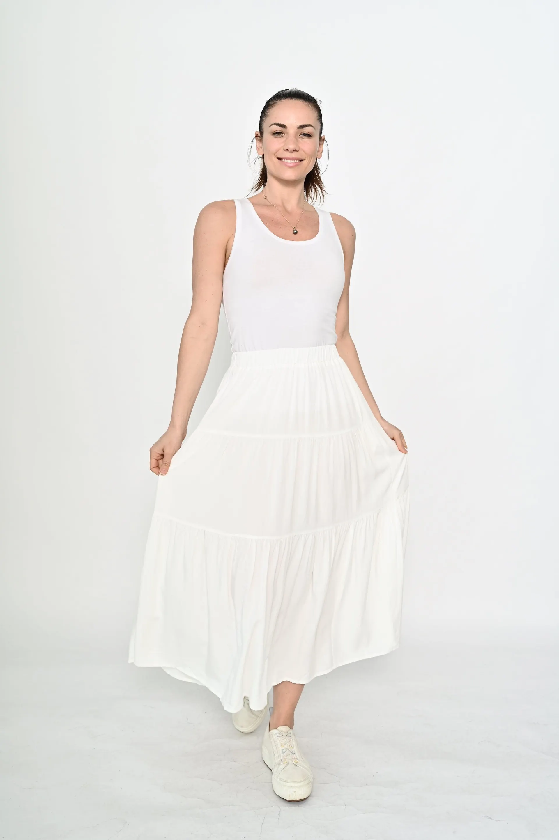 La Mode Side Pocket Tiered Maxi Skirt White