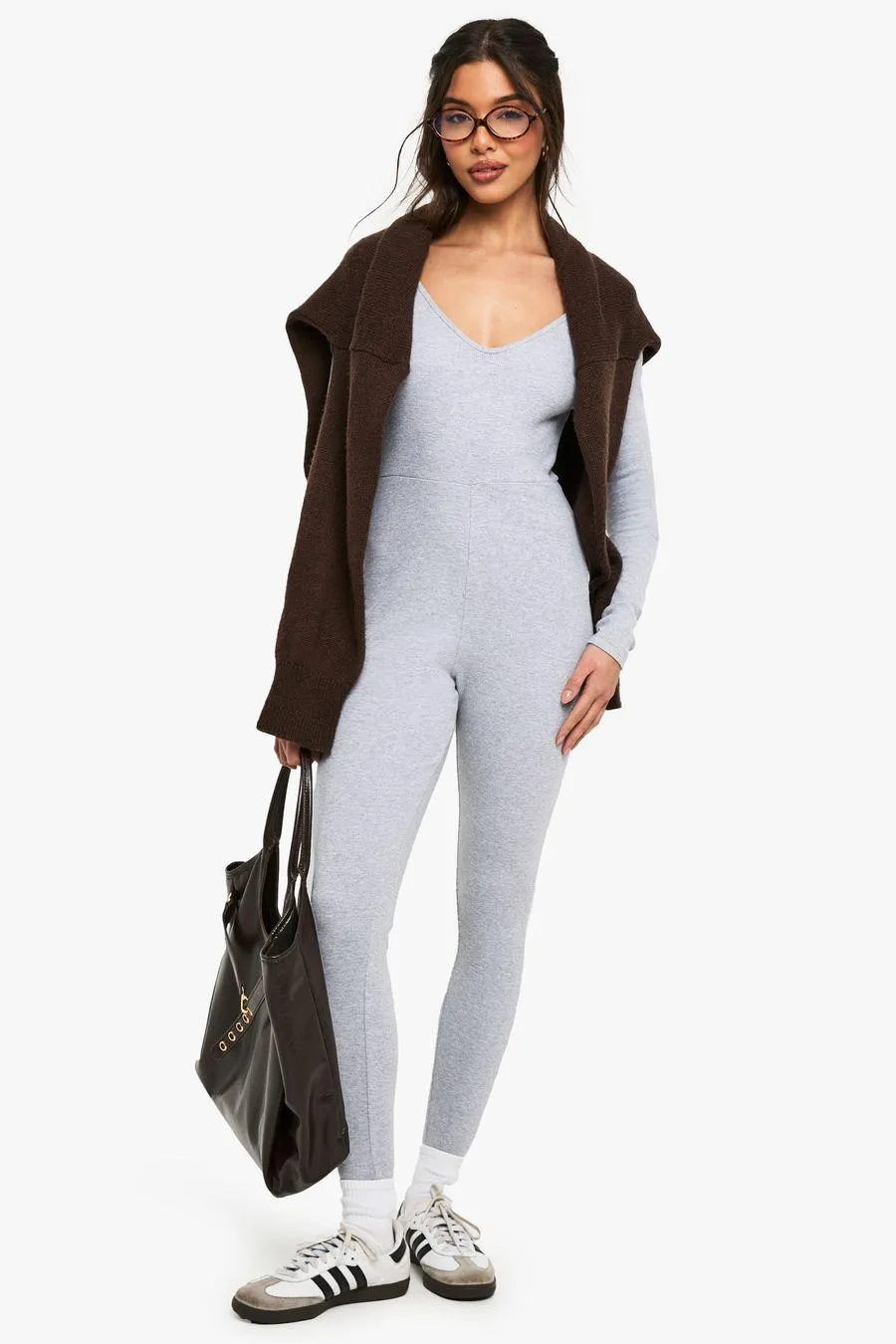 Basic Rib Plunge Unitard Jumpsuit