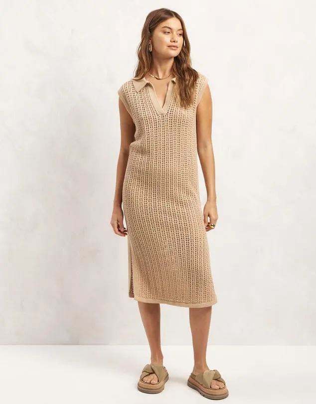 Organic Cotton Knit Polo Midi Dress