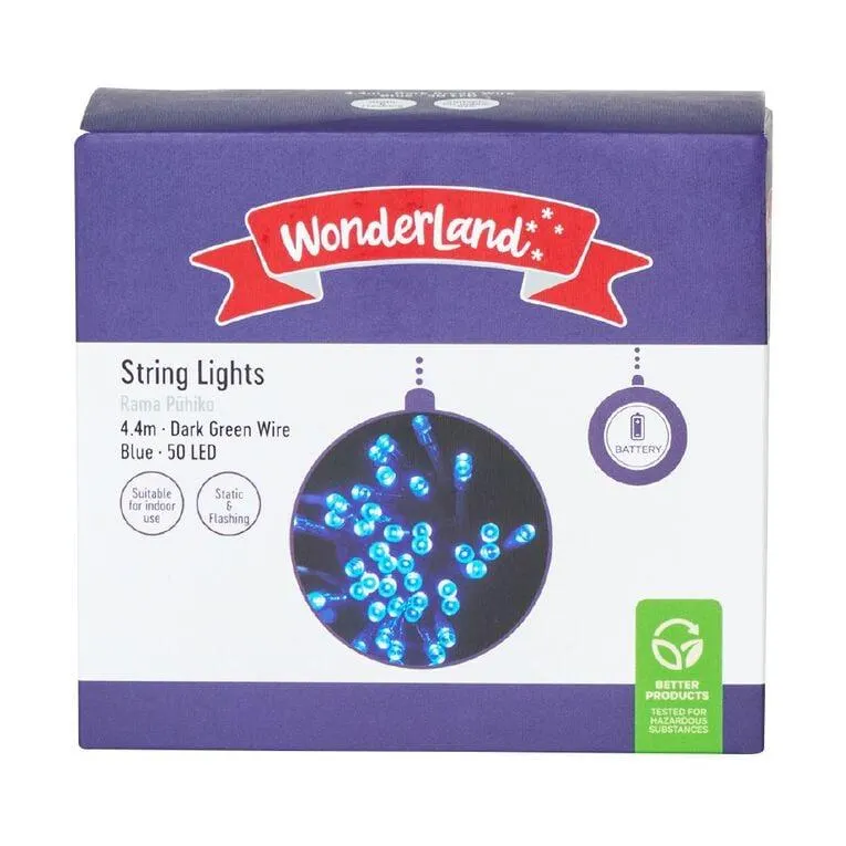 Wonderland Battery String Lights Dark Wire 50 LED Blue