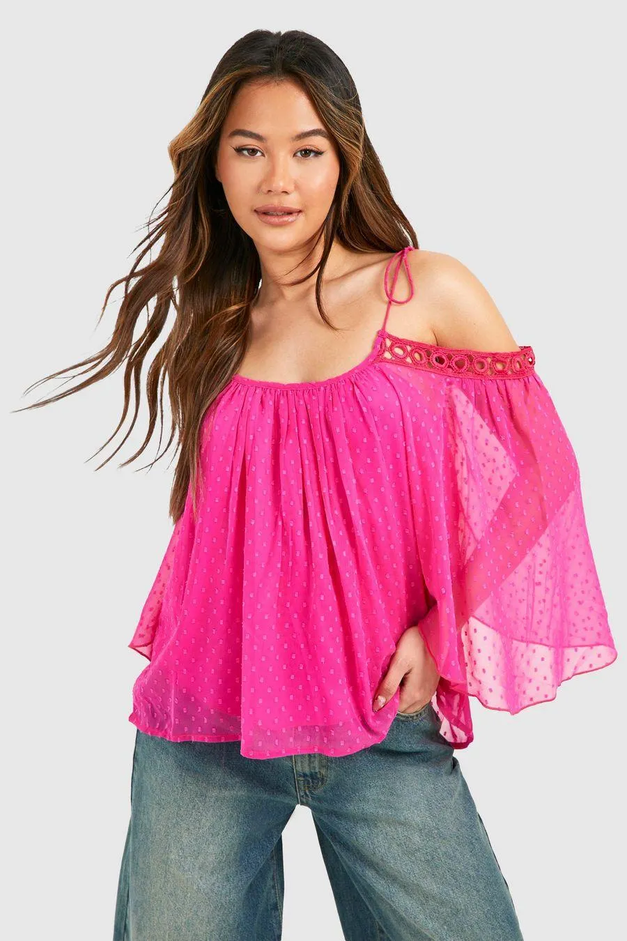 Dobby Mesh Dropped Shoulder Top