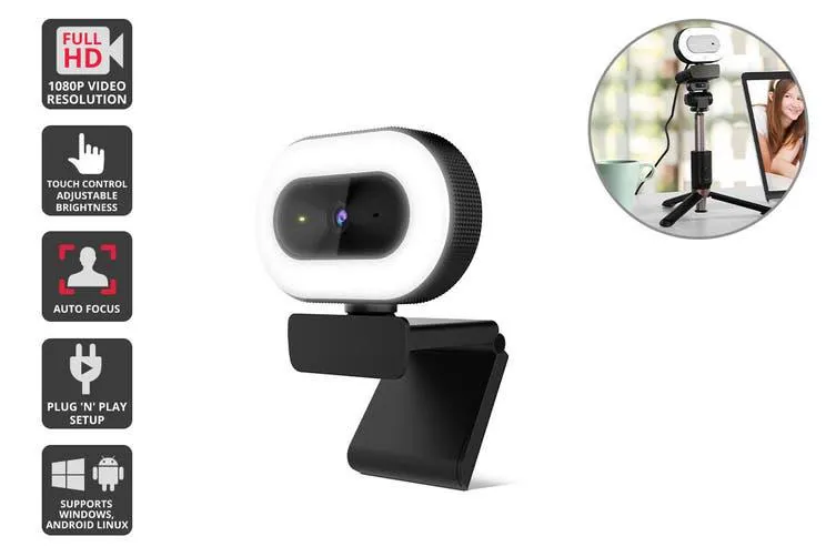 Kogan Full HD 1080P Live Streaming Webcam with Ring Light