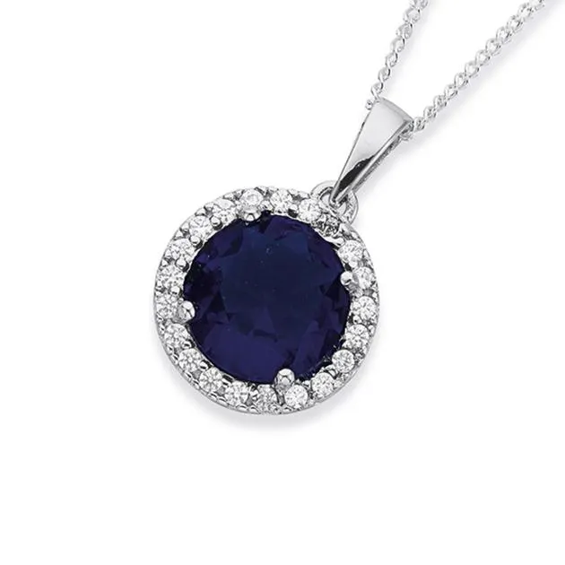 Silver Round Dark Blue Glass & CZ Cluster Pendant