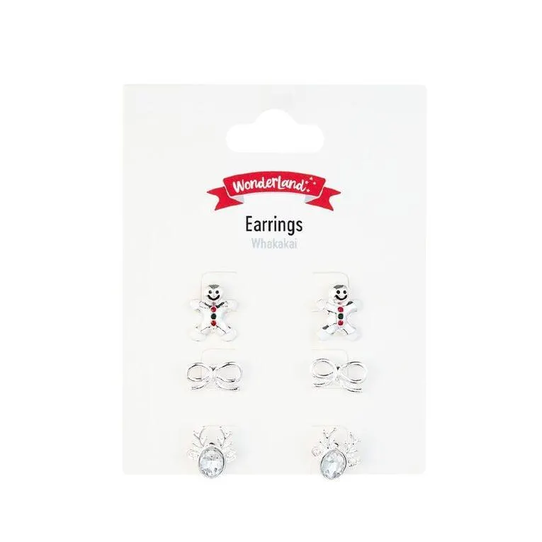 Wonderland Christmas Stud Earrings Silver 3 Pack