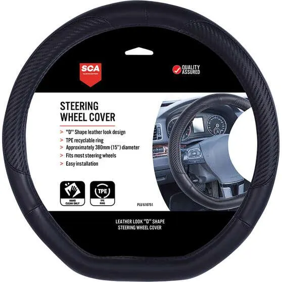 SCA Steering Wheel Cover - Leather Look, Black, D Shape