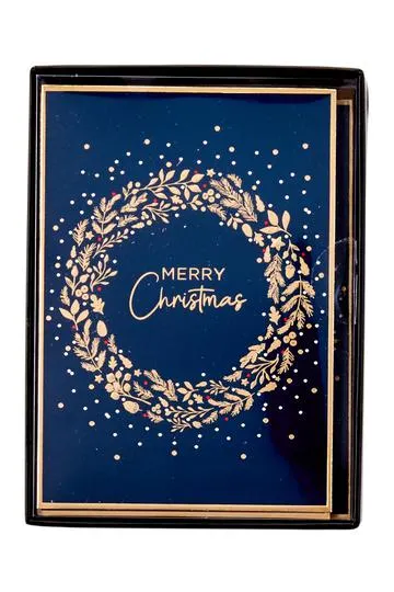 Christmas Wishes Premium Boxed Cards Wreath Navy & Gold Pack of 20