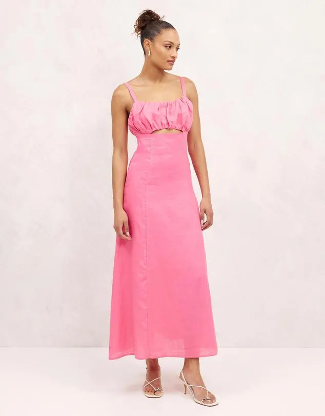 Linen Ruched Bodice Cutout Midi Dress