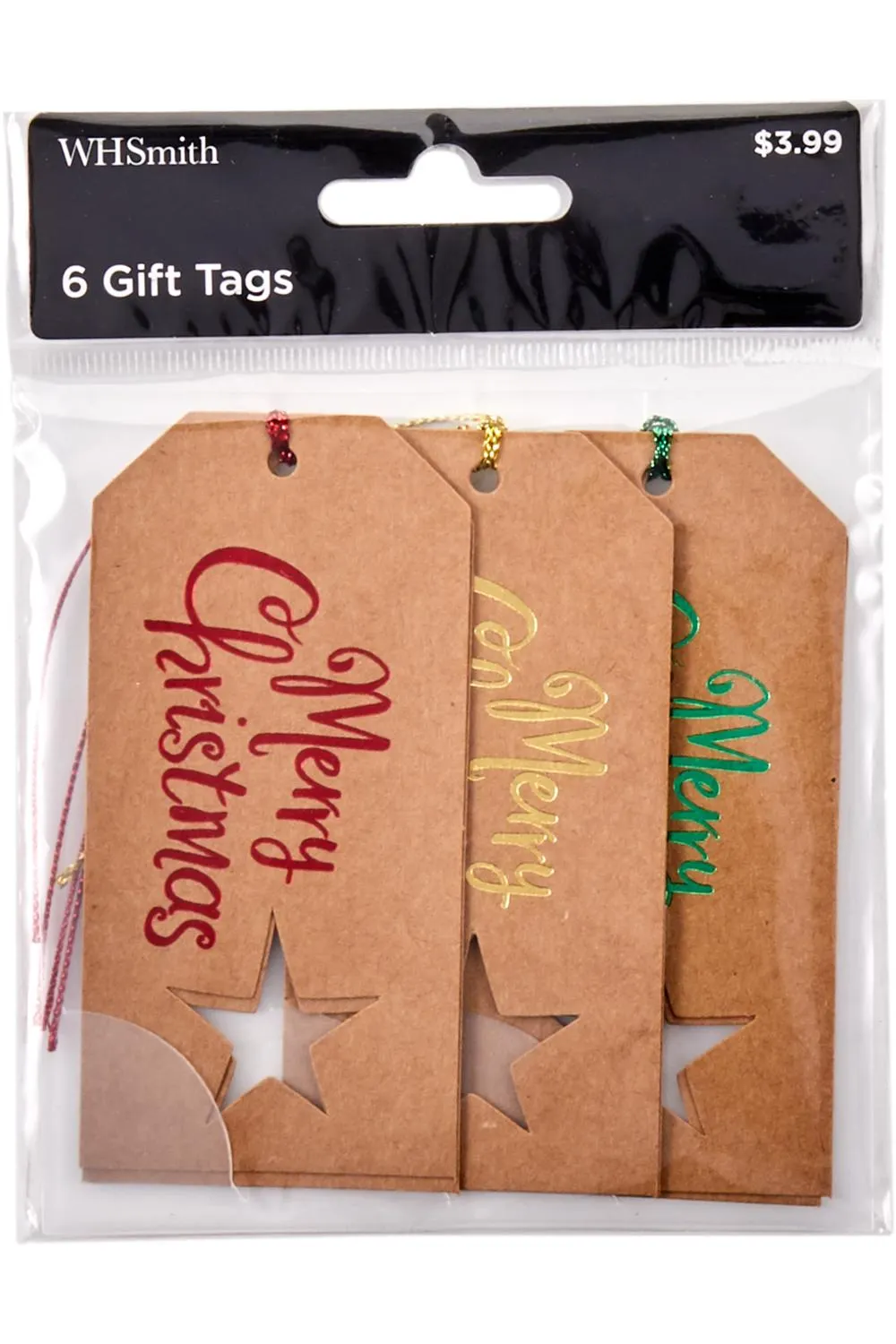 WHSmith Christmas Gift Tags Kraft Christmas Message Red, Green & Gold Pack of 6