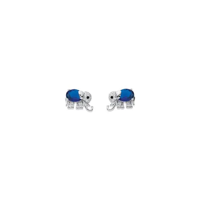 Sterling Silver Blue Glass & Cubic Zirconia Elephant Studs