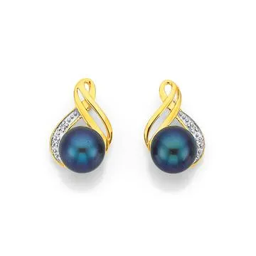 9ct, Black Freshwater Pearl & Diamond Earrings