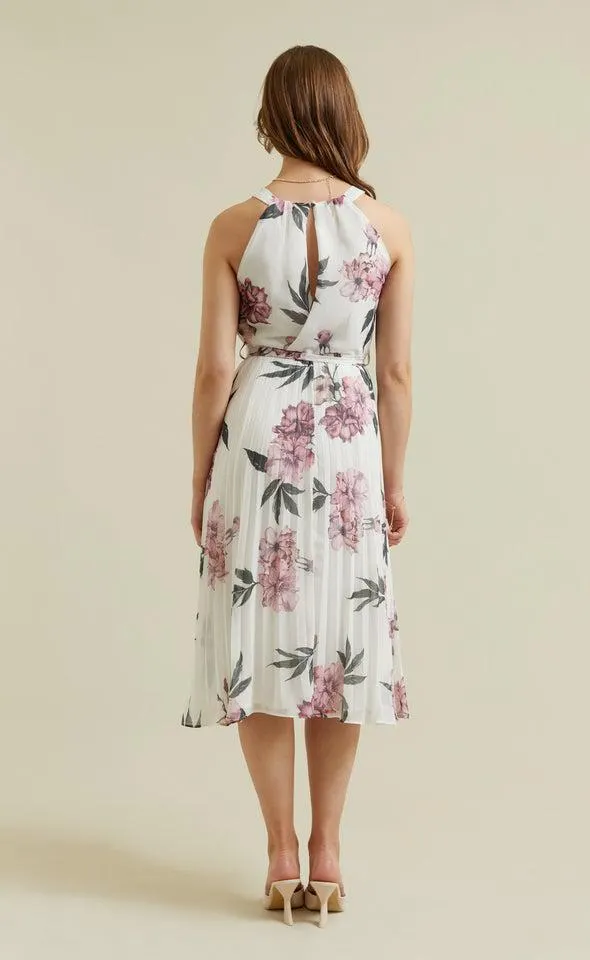 Chiffon Halter Pleated Midi Dress