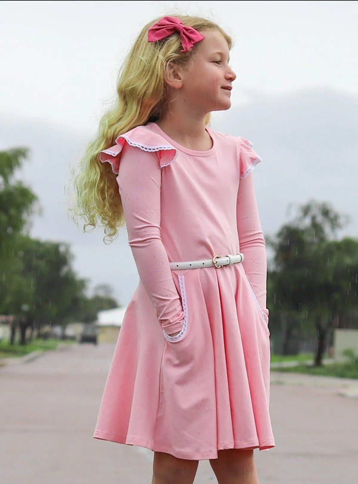 LONG SLEEVE TWIRLY GIRL DRESS - BABY PINK
