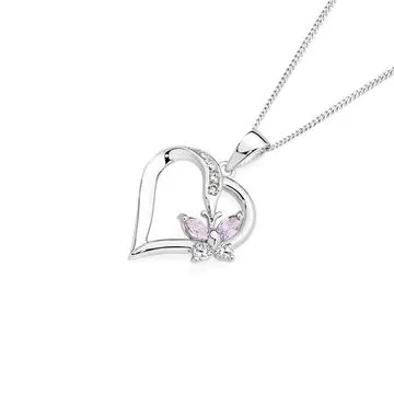 Sterling Silver Lavender Cubic Zirconia Butterfly Heart Pendant