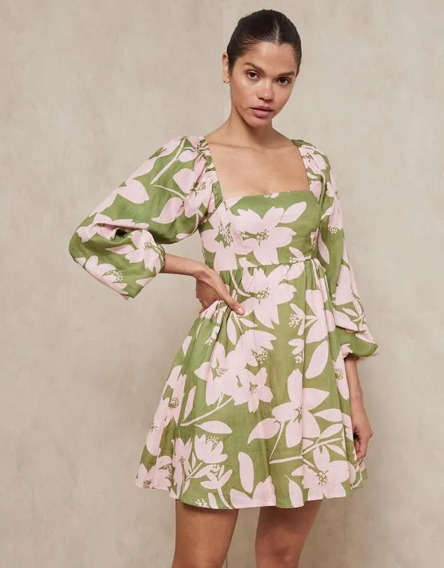 Long Sleeve Puff Ball Linen Mini Dress