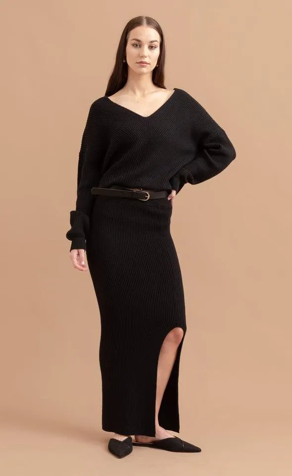 Ribbed Midi Skirt with Split