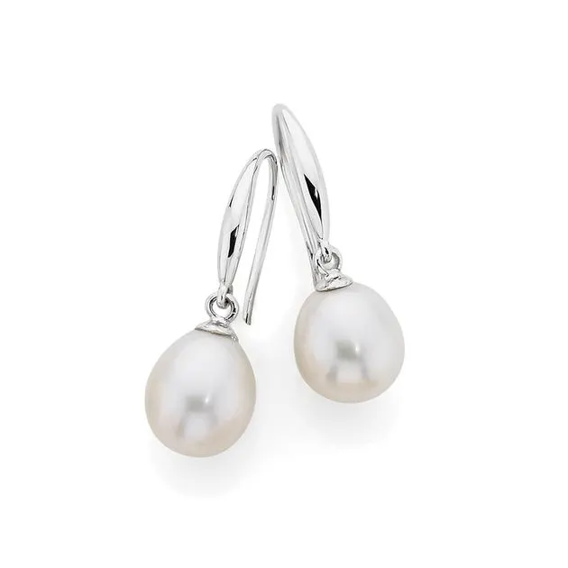 9ct White Gold, Cultured Fresh Water Pearl Hook Earrings