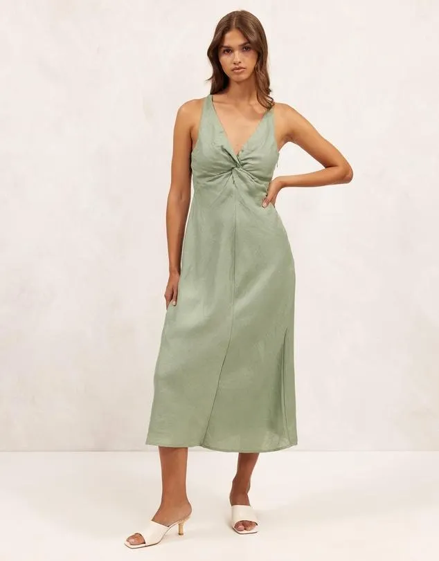 Linen Twist Detail Midi Dress
