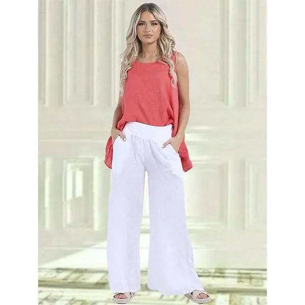 Wide Leg Linen Pants White