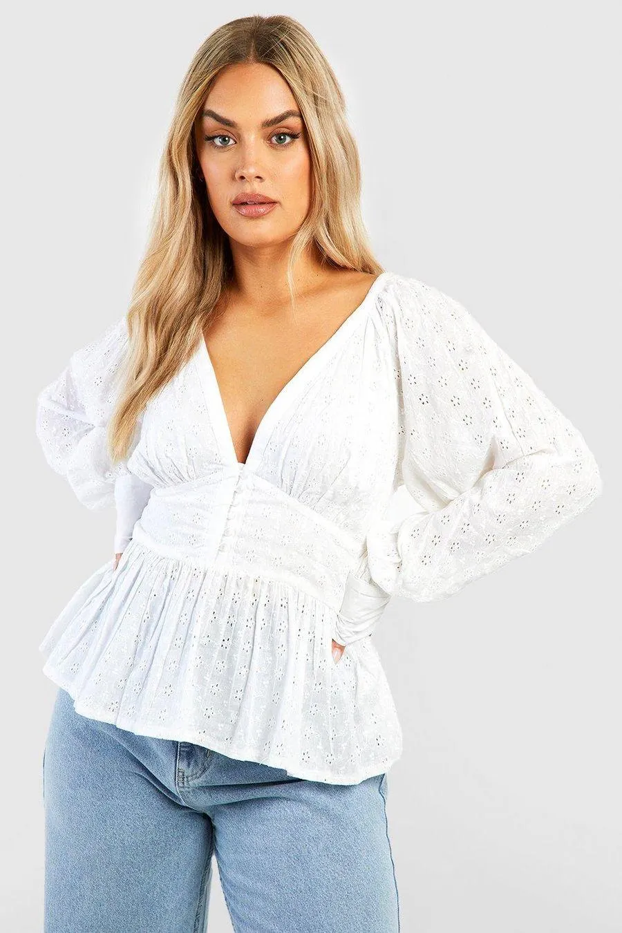 Plus Button Down Broderie Smock Top