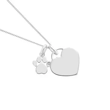 Silver Heart Disc With Cubic Zirconia Paw Print Pendant