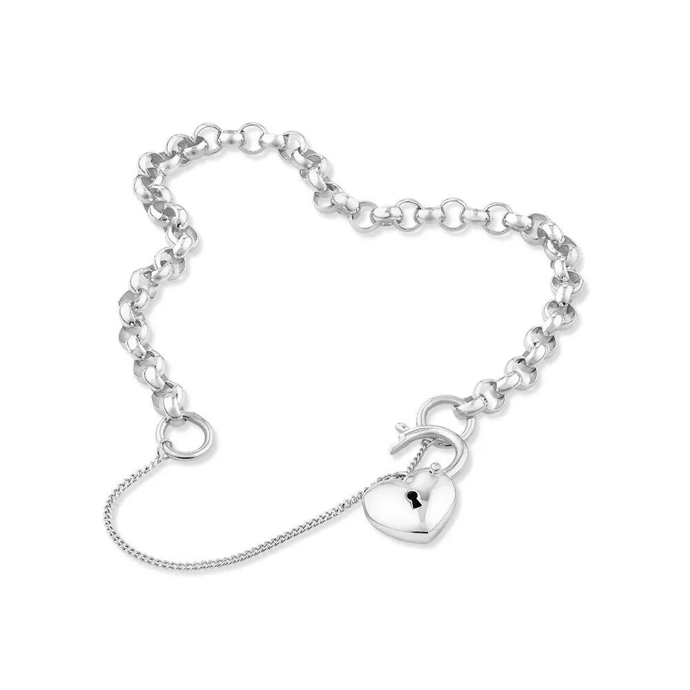 19cm (7.5") Heart Padlock Belcher Bracelet in Sterling Silver