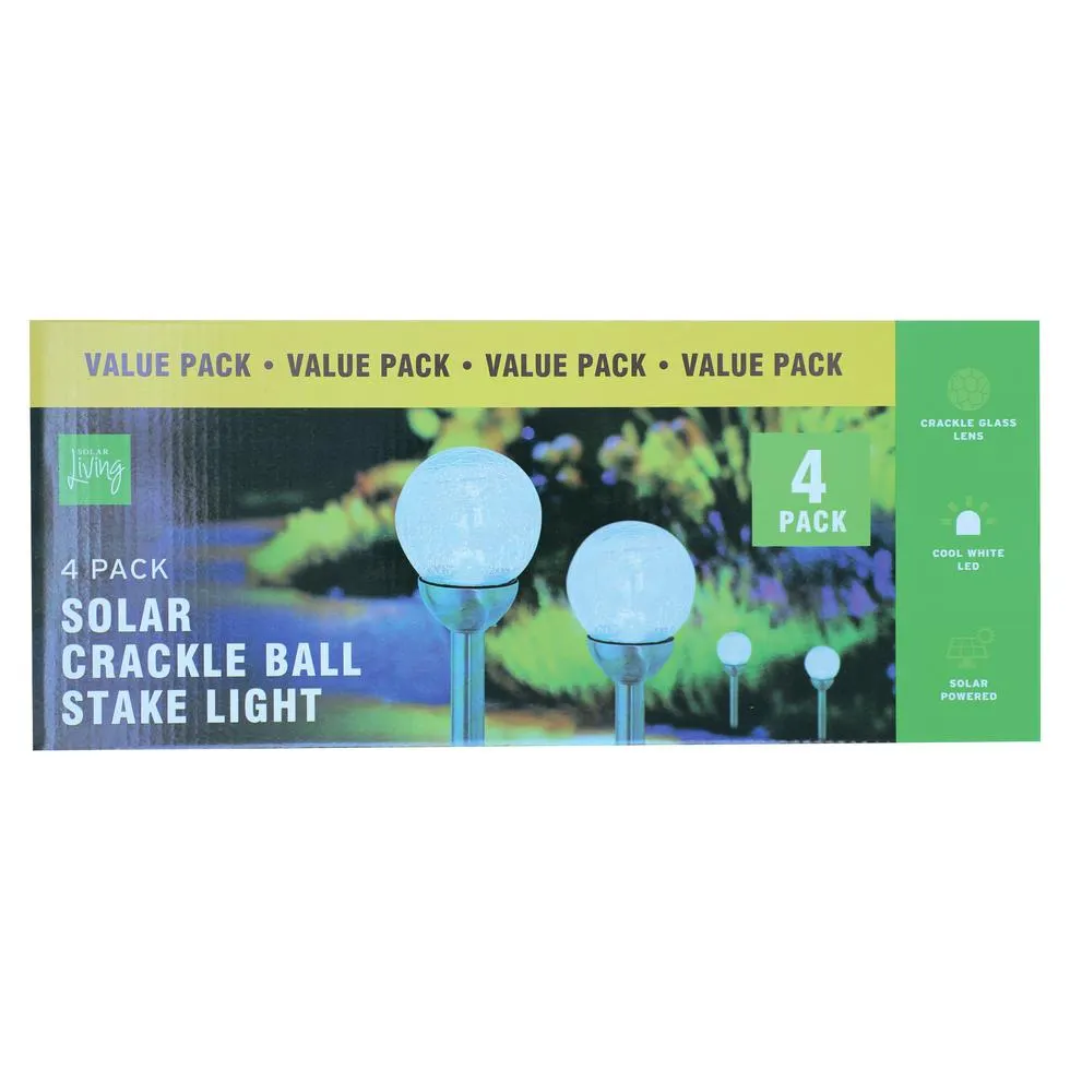 Solar Stainless Steel Crackle Ball Stake Light 38cm 4pk