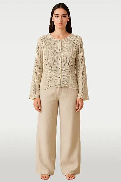 Crochet Lace Detail Button Cardi Beige
