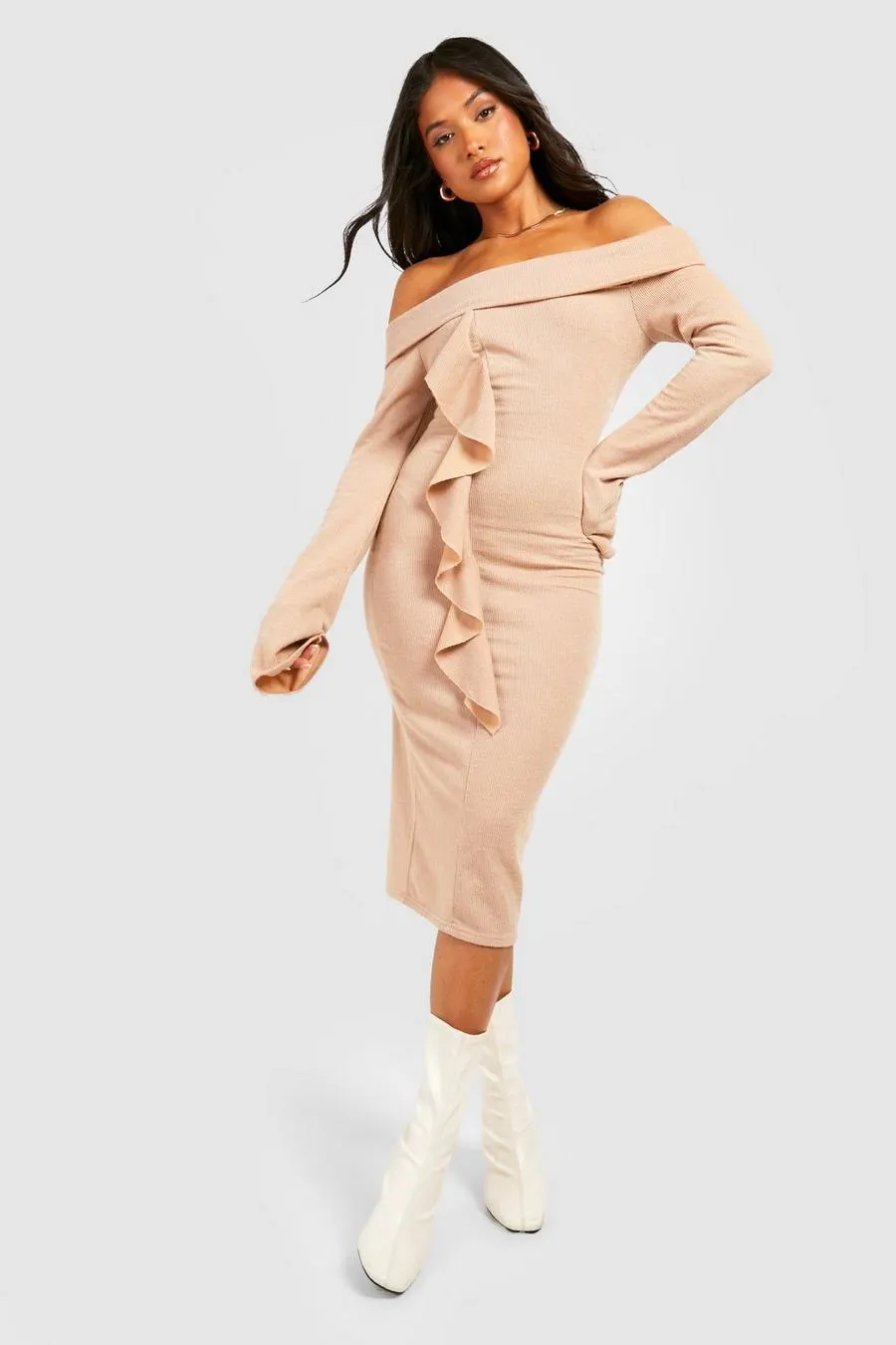 Petite Bardot Ruffle Long Sleeve Midi Dress