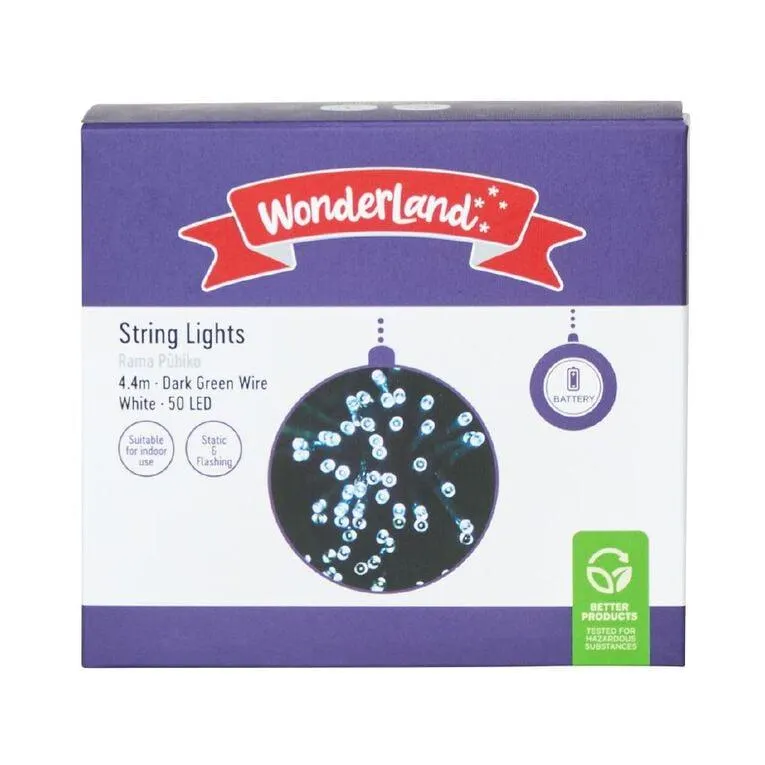 Wonderland Battery String Lights Dark Wire 50 LED White