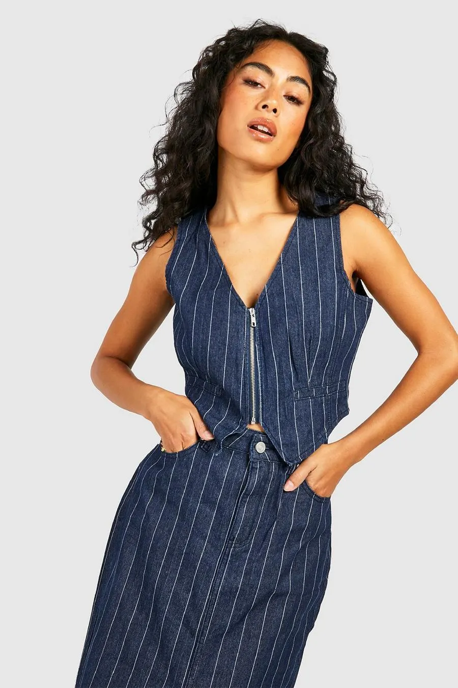 Zip Through Stripe Denim Waistcoat