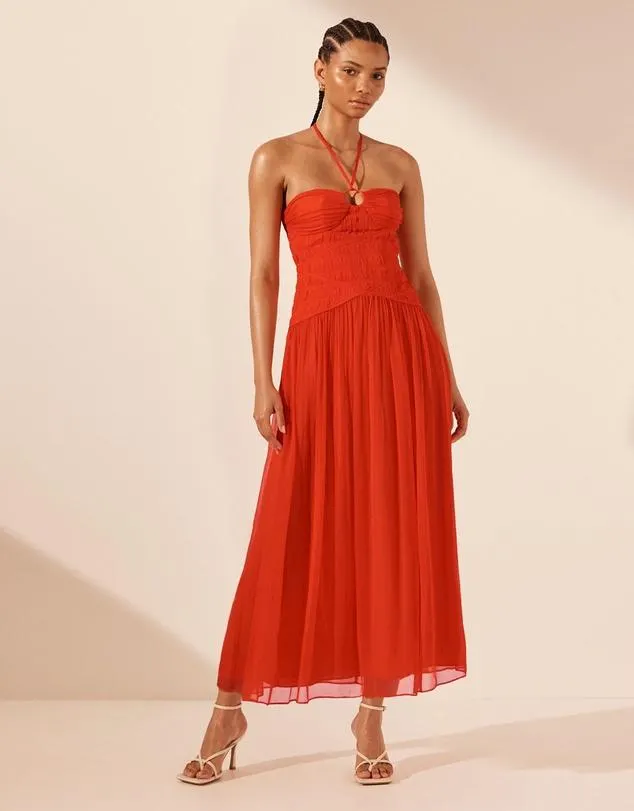 Maya Halter Ring Ruched Bodice Midi Dress