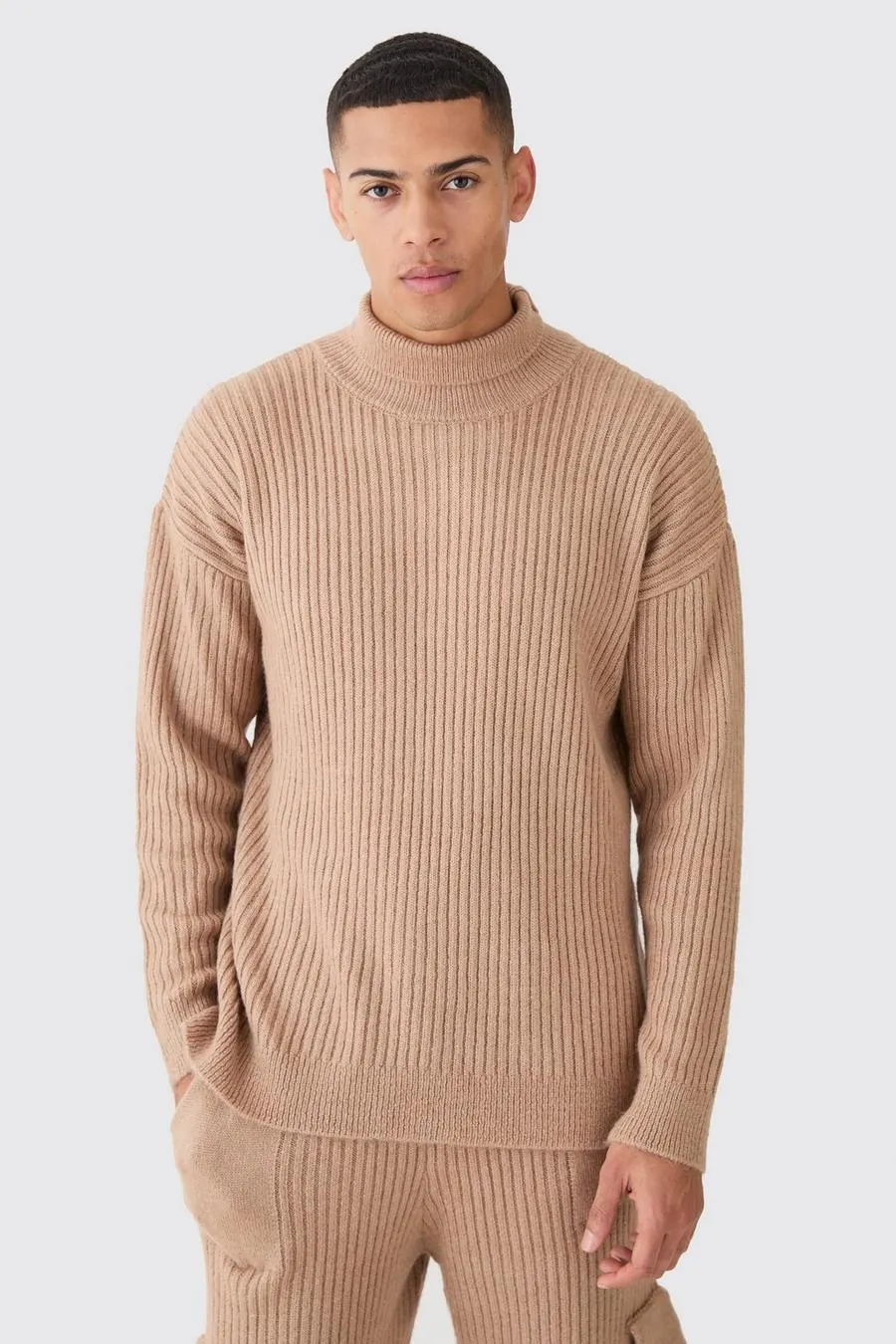 Funnel Neck Marl Ribbed Knit Jumper