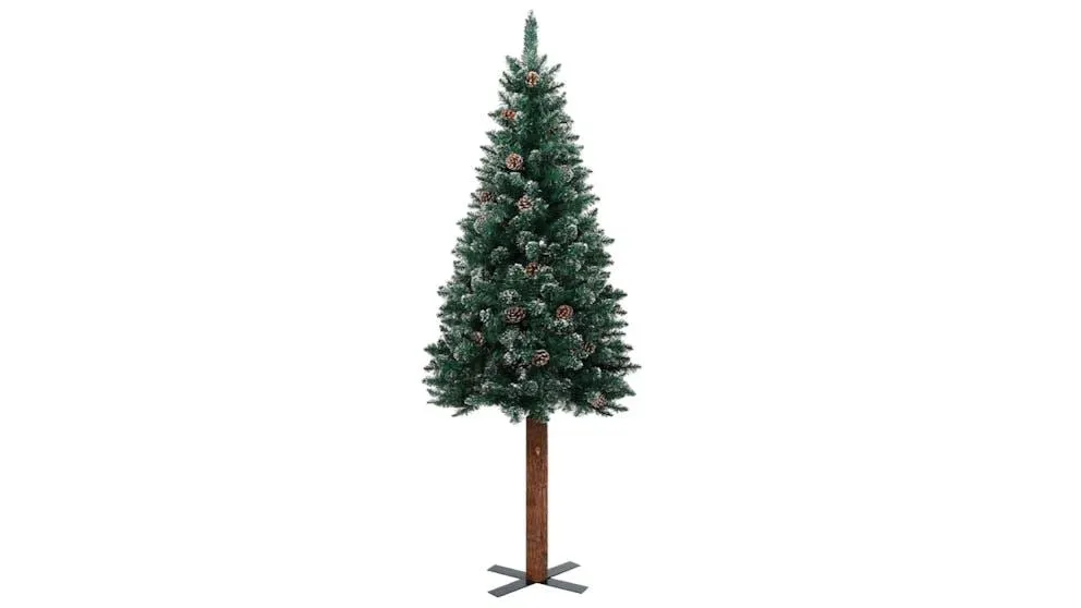 vidaXL Slim Green Christmas Tree with Real Wood and White Snow